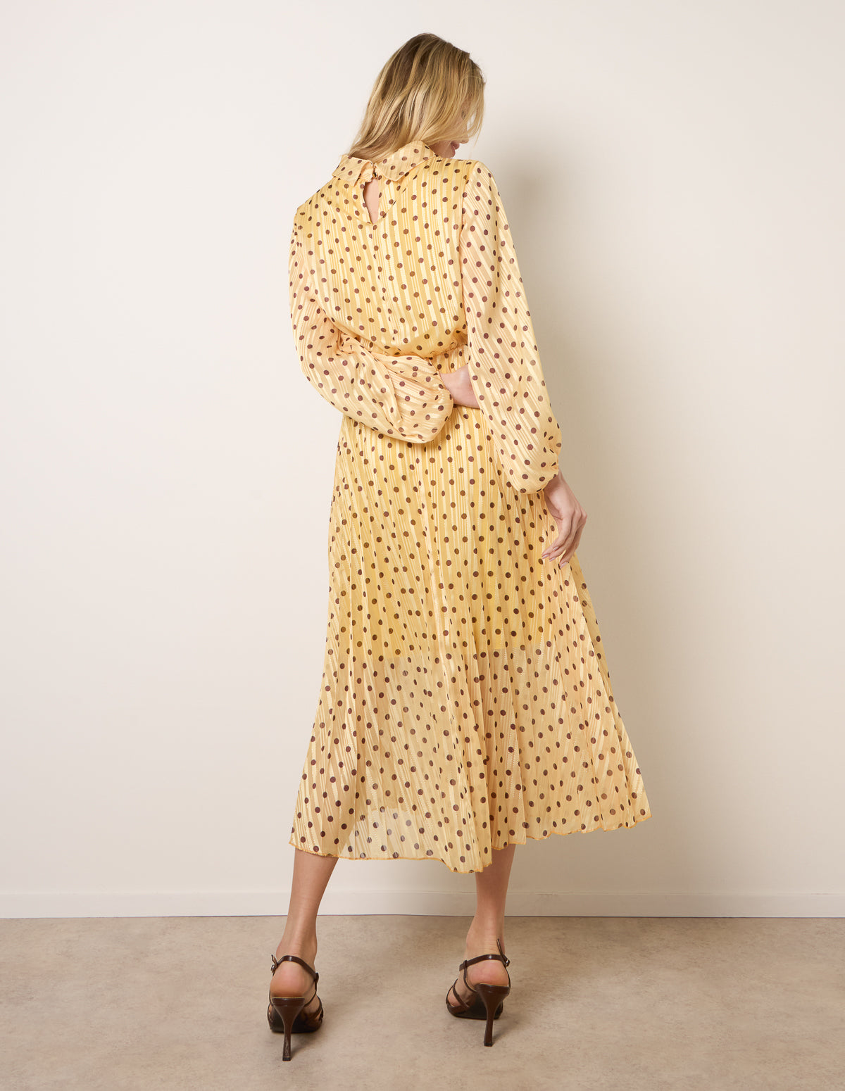 Yellow | Polka Dot Cowl Neck Pleated Long Sleeve Dress