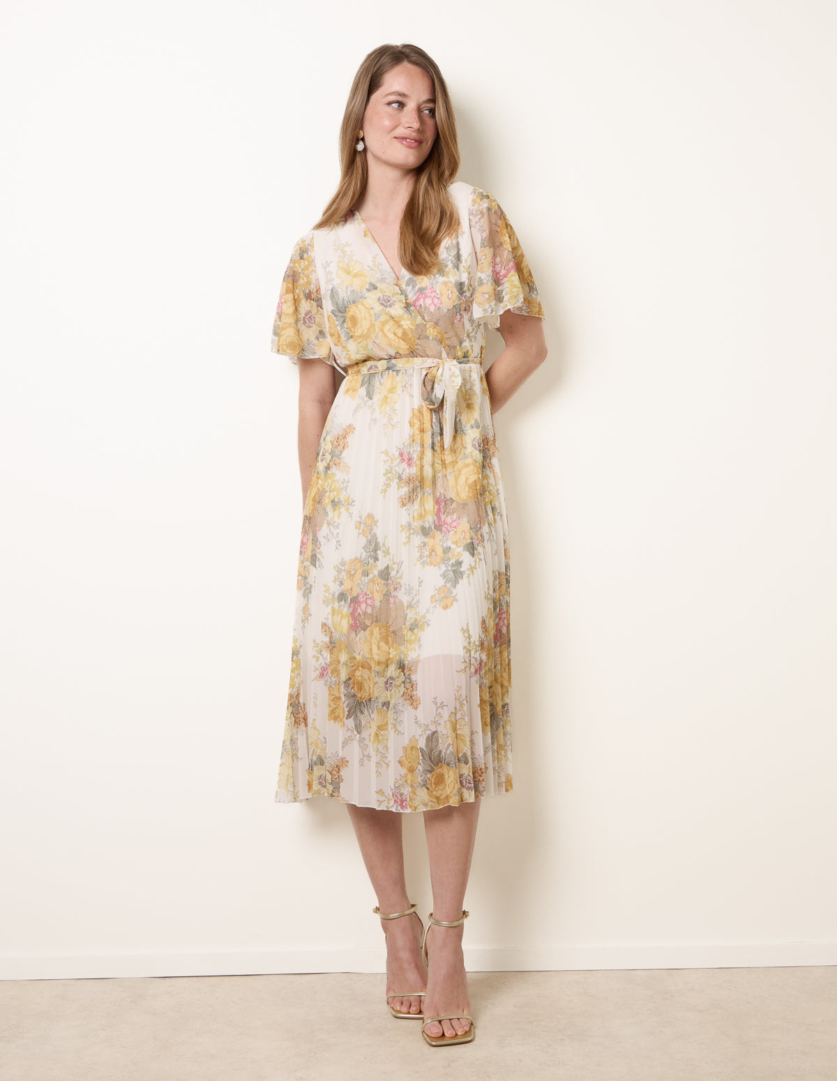 Yellow | Crossover Pleated Print Dress