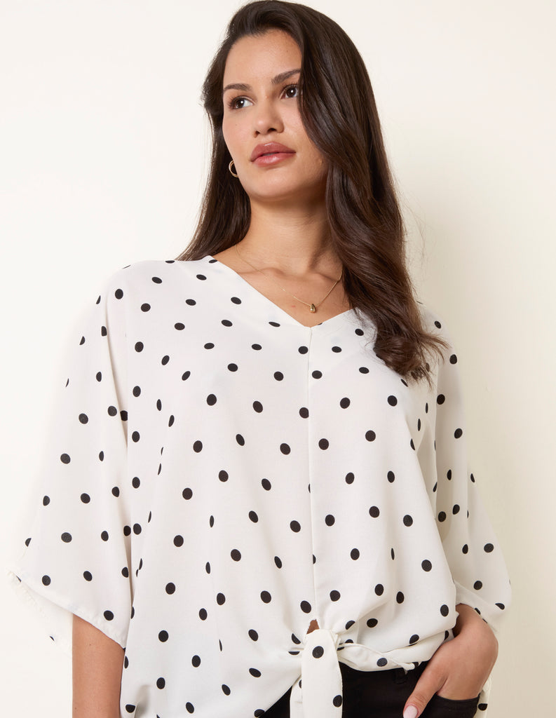 White | Polka Dot Knot Front Top | Blue Vanilla