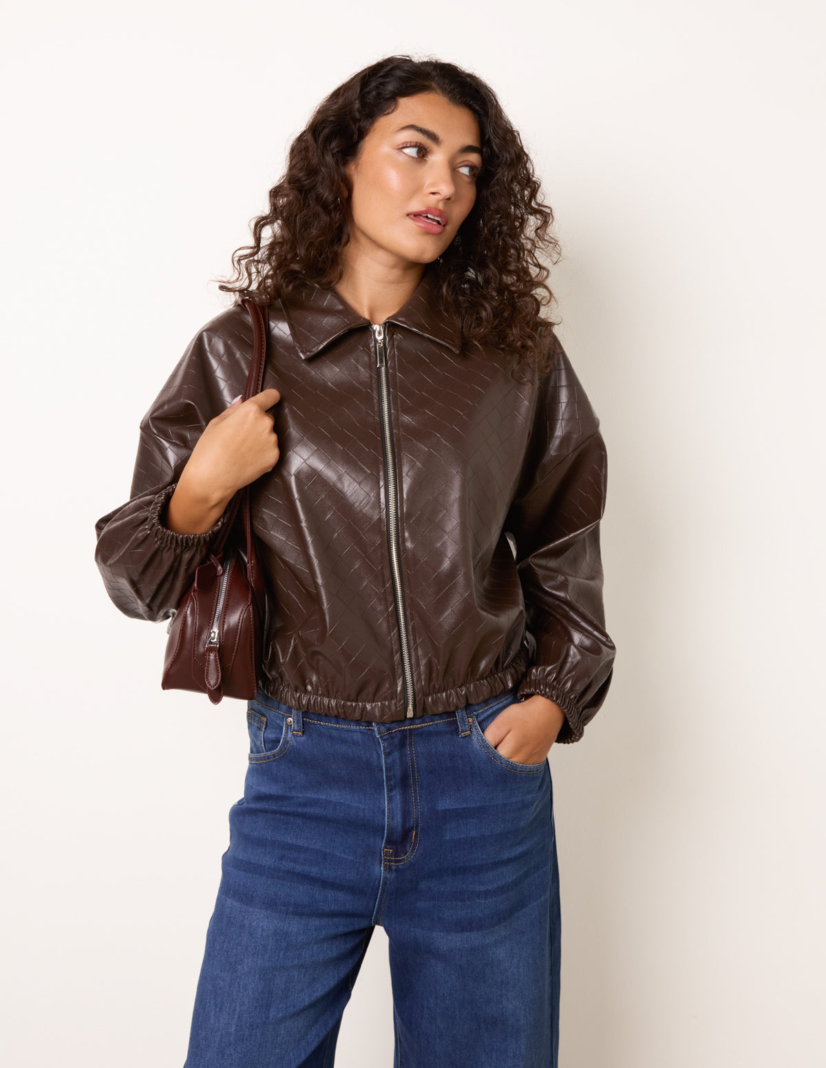 Chocolate | Square Collar Zipper PU Leather Bomber Jacket | Blue
