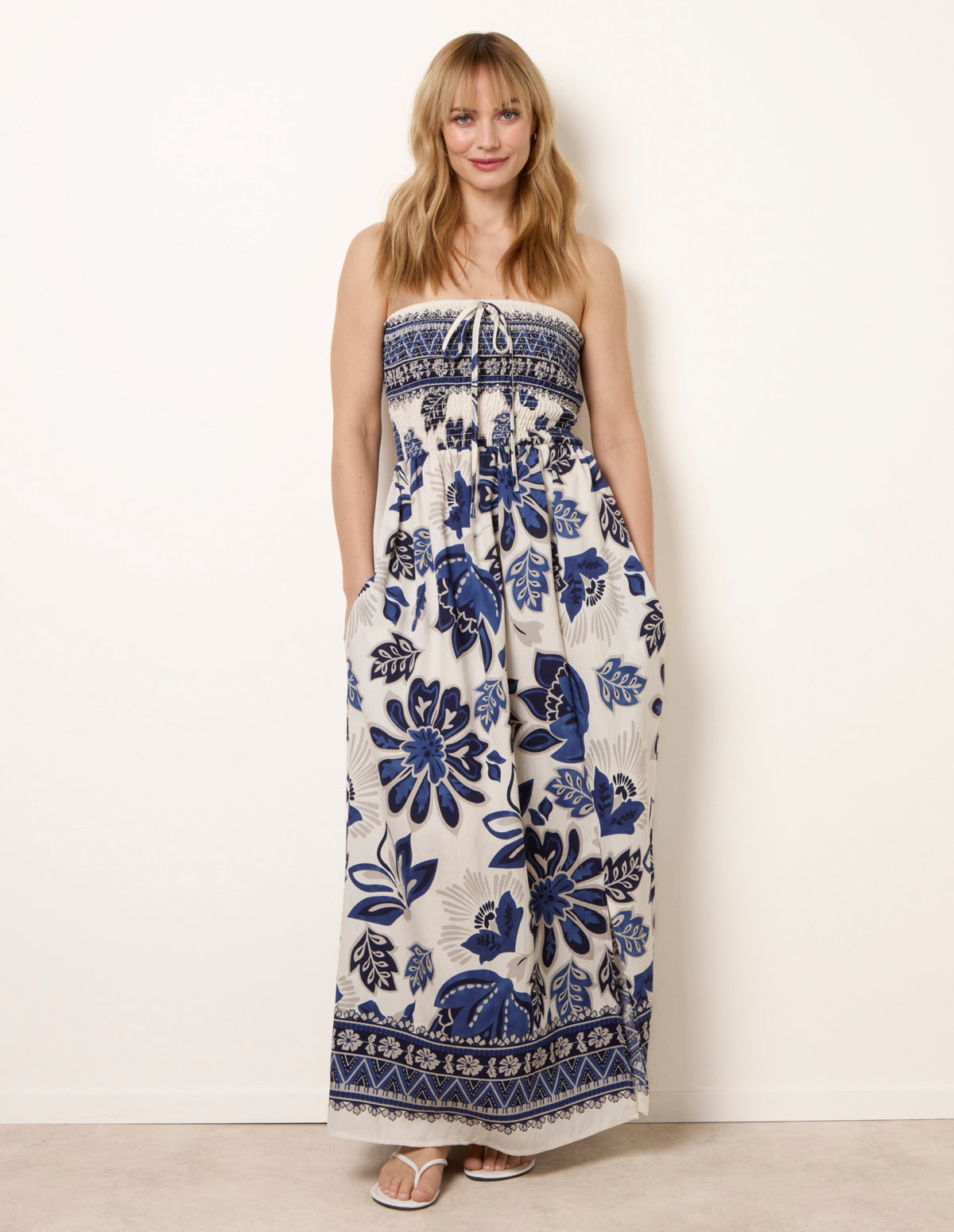 chinese dress ladies Camila White & Blue Floral Ruffle Maxi Dress main image 0