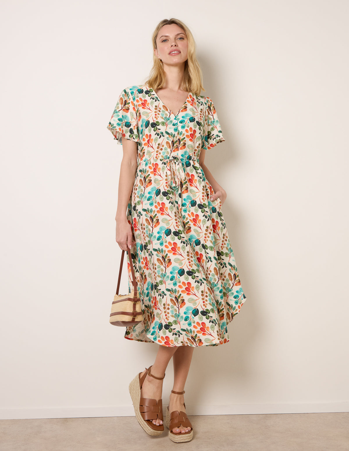 orange leaf print dress Orange Leaf Print Puff Sleeve Smocked Maternity Midi Dress