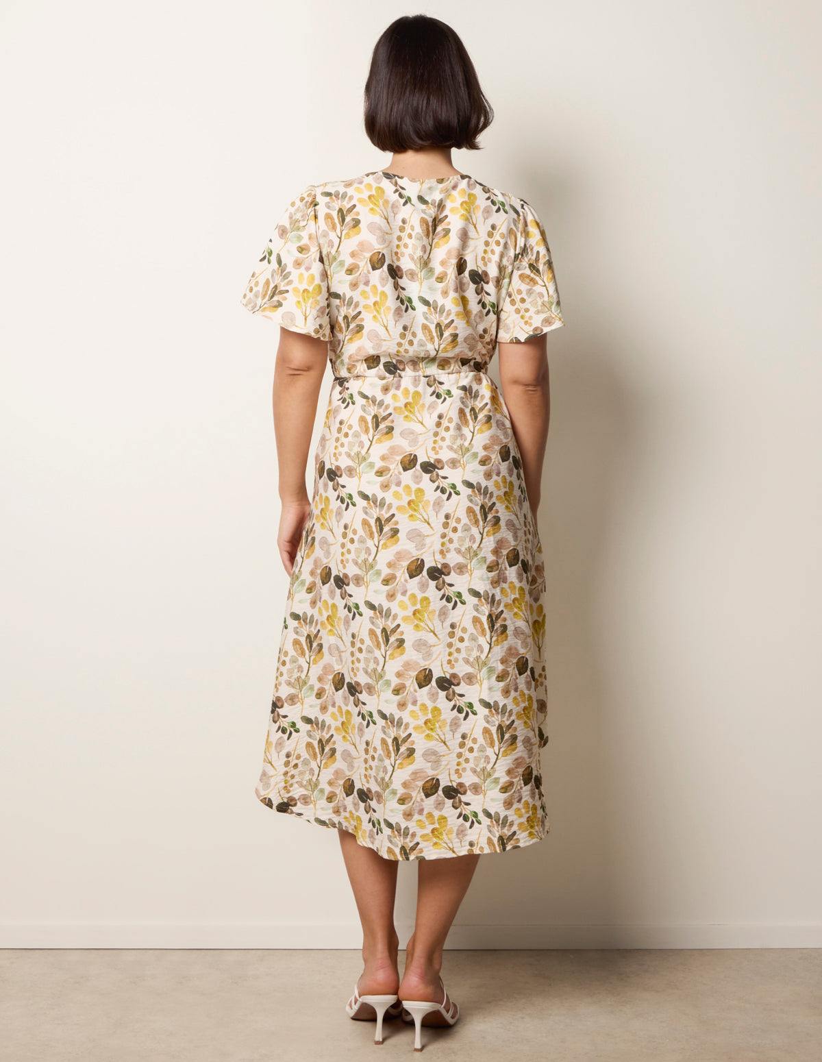 Yellow | Leaf Print Tie Waist Shirt Midi Dress