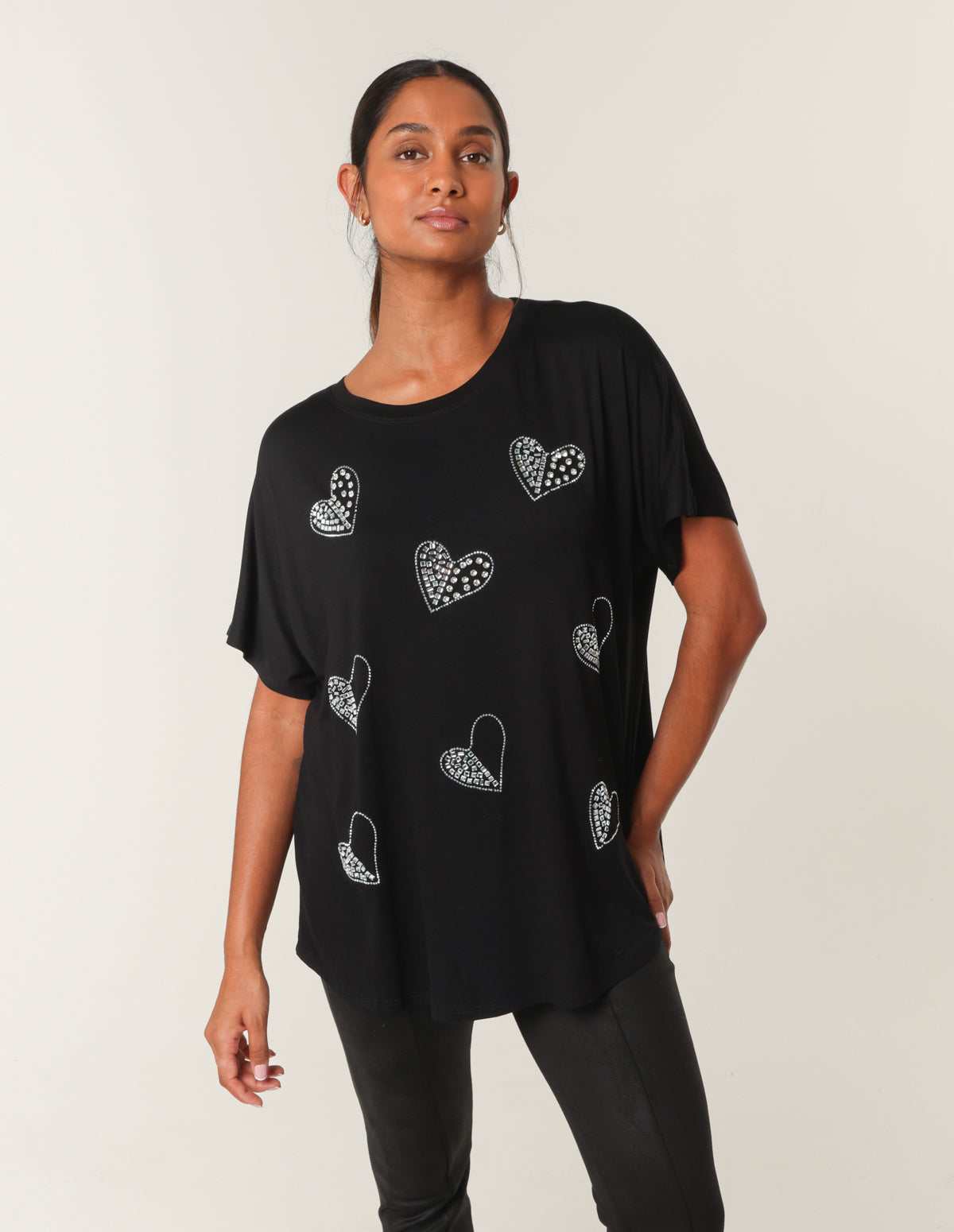 Black | Round Neck Diamante Heart Detailing T-Shirt | Blue Vanilla