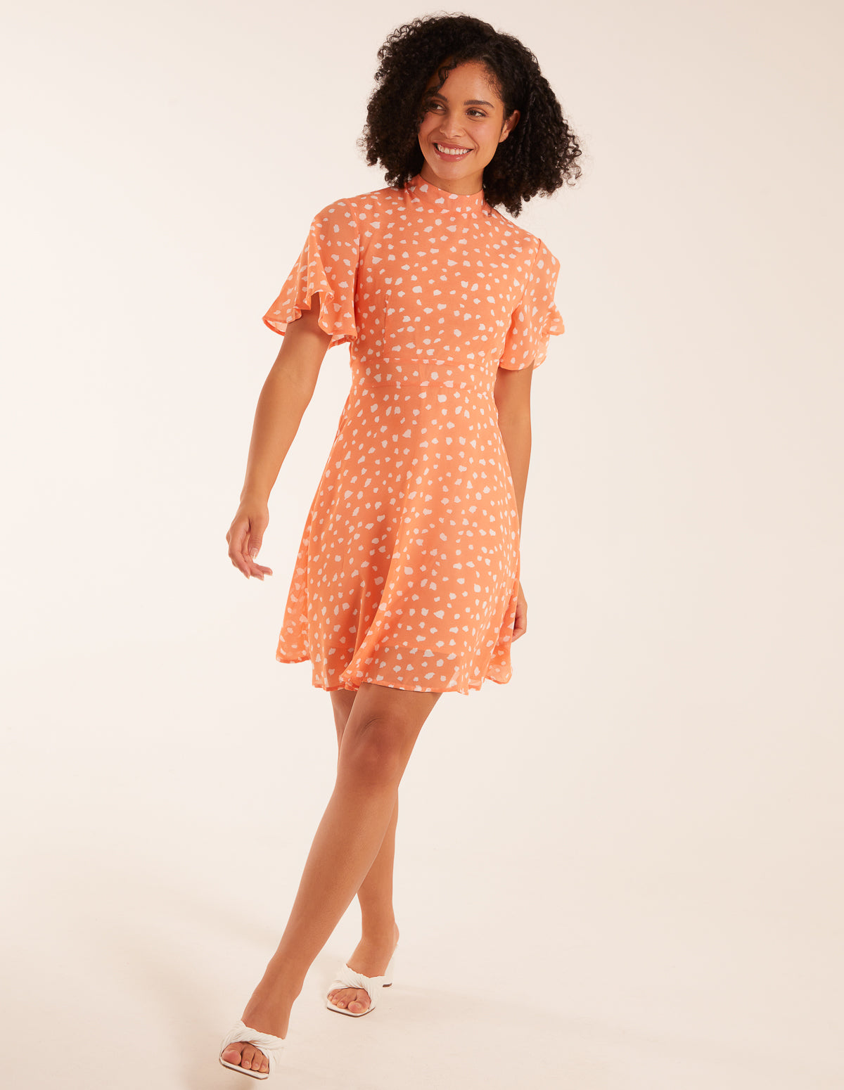 Coral | Angel Sleeve High Neck Fit & Flare Dress | Blue Vanilla Coral | Angel Sleeve High Neck Fit & Flare Dress | Blue Vanilla