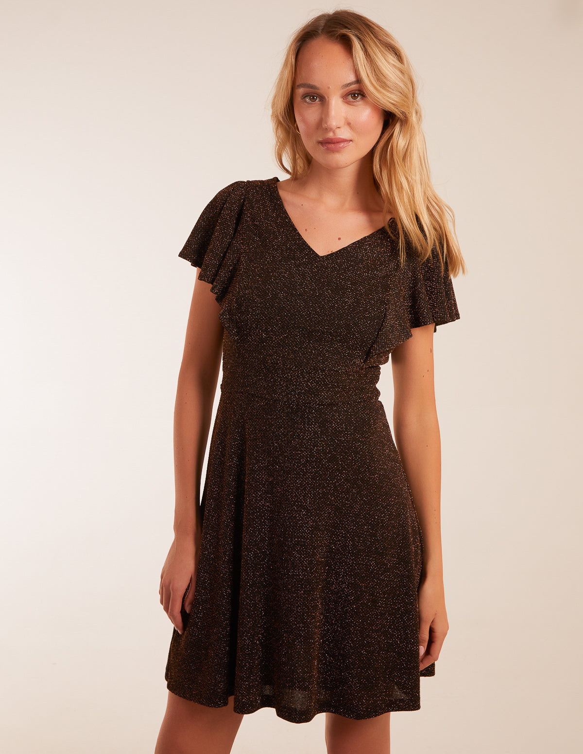 Bronze | Lurex Flutter Sleeve Mini Dress | Blue Vanilla Bronze | Lurex Flutter Sleeve Mini Dress | Blue Vanilla