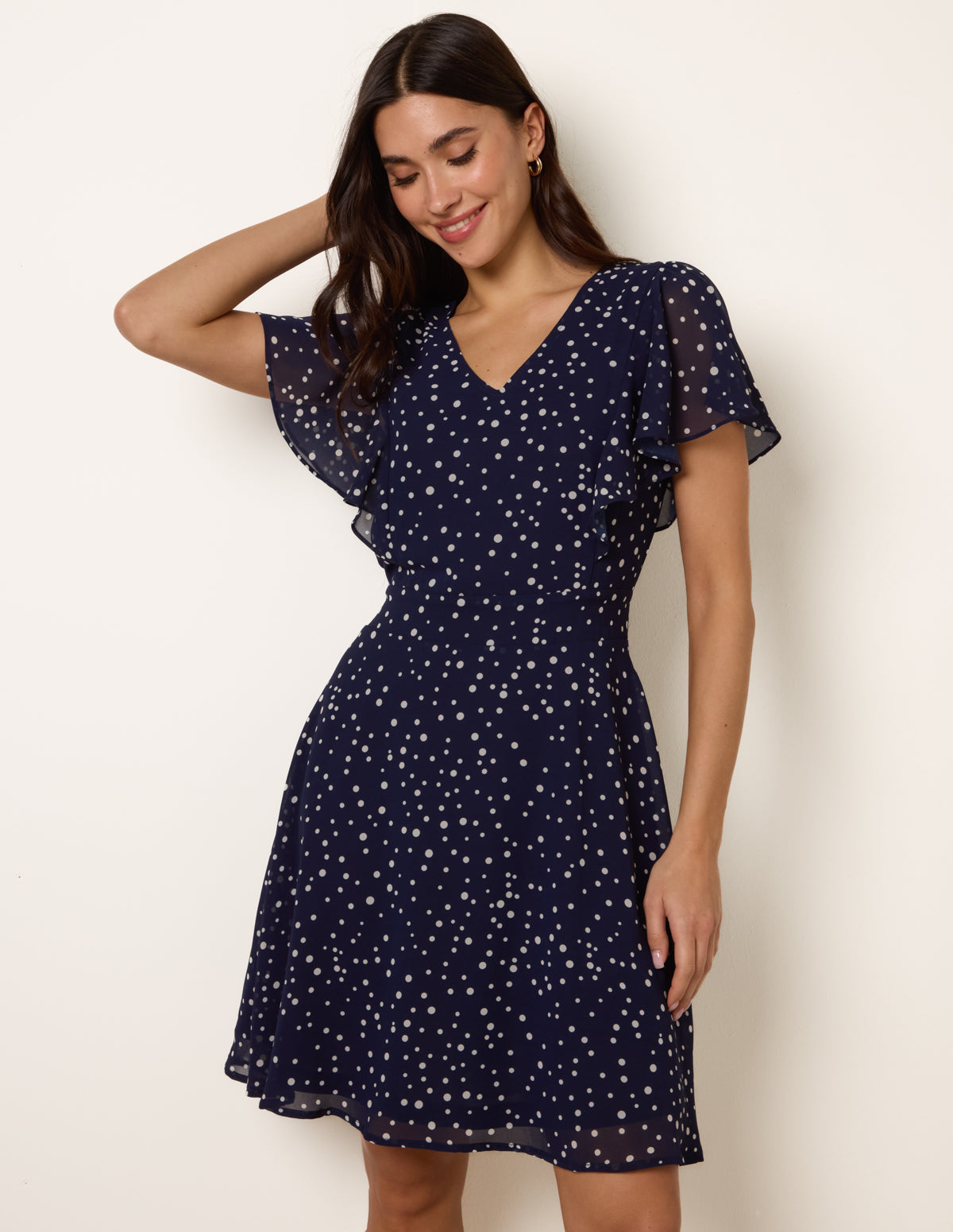 100 polyester dress Navy | Polka Dot V Neck Tie Back Mini Dress