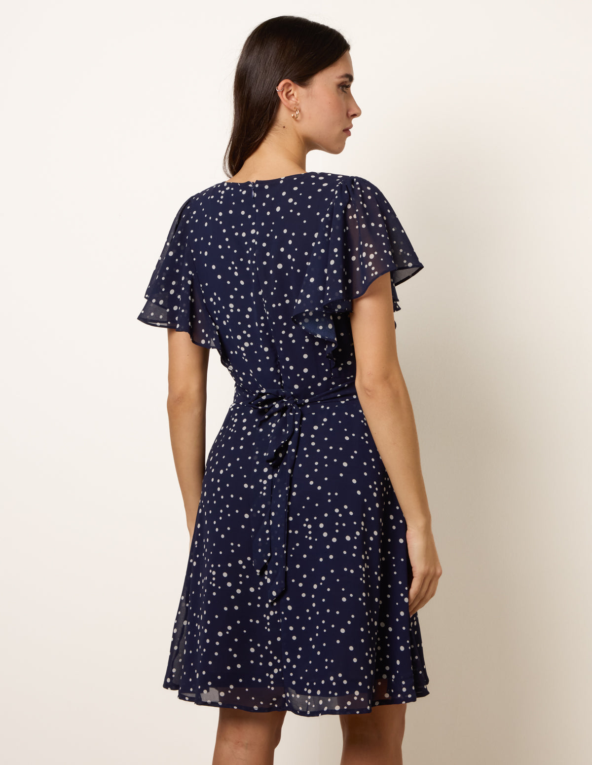 blue vanilla polka dot dress Navy Blue Vanilla Polka Dot Mesh Frill Sleeve Wrap Dress With Tie Waist