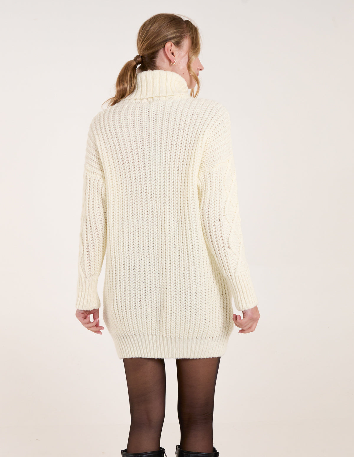 Fuzzy Sweater White Mock Neck Sweater Dress Chunky Knit Long Cream