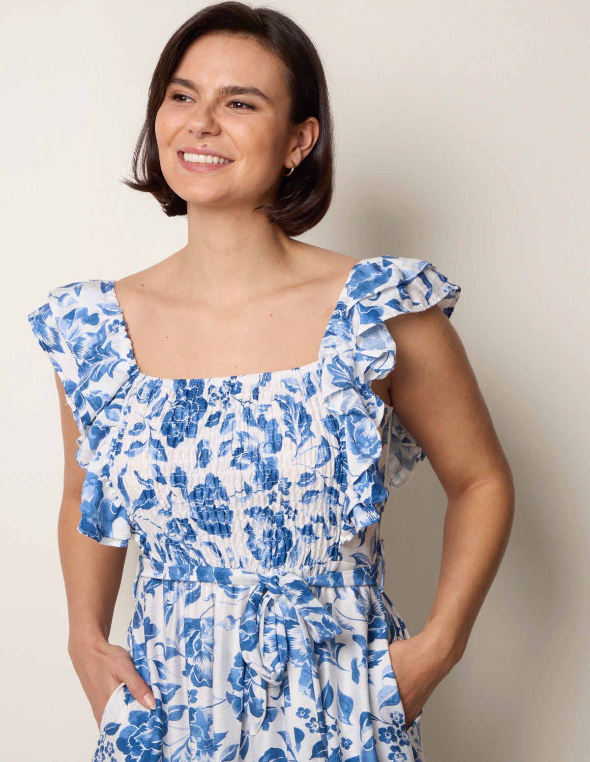 Blue | Frill Sleeveless Dress With Floral Print | Blue Vanilla Blue | Frill Sleeveless Dress With Floral Print | Blue Vanilla