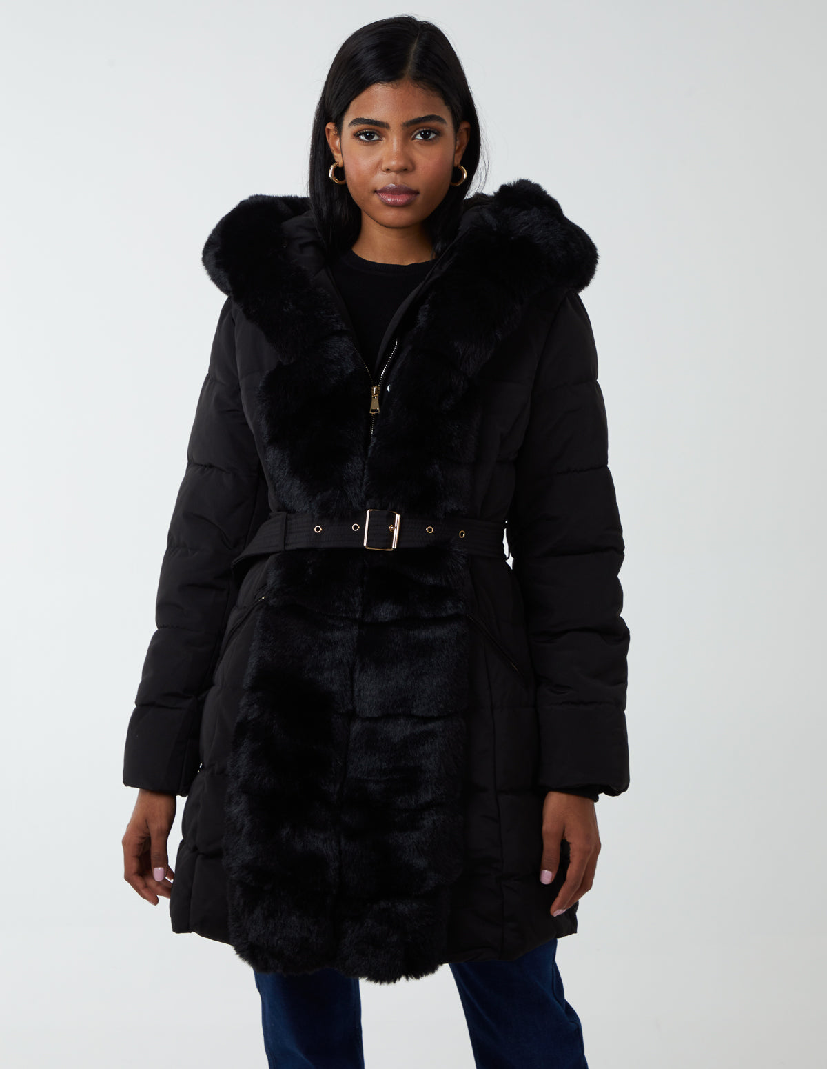 Black, Faux Fur Coat