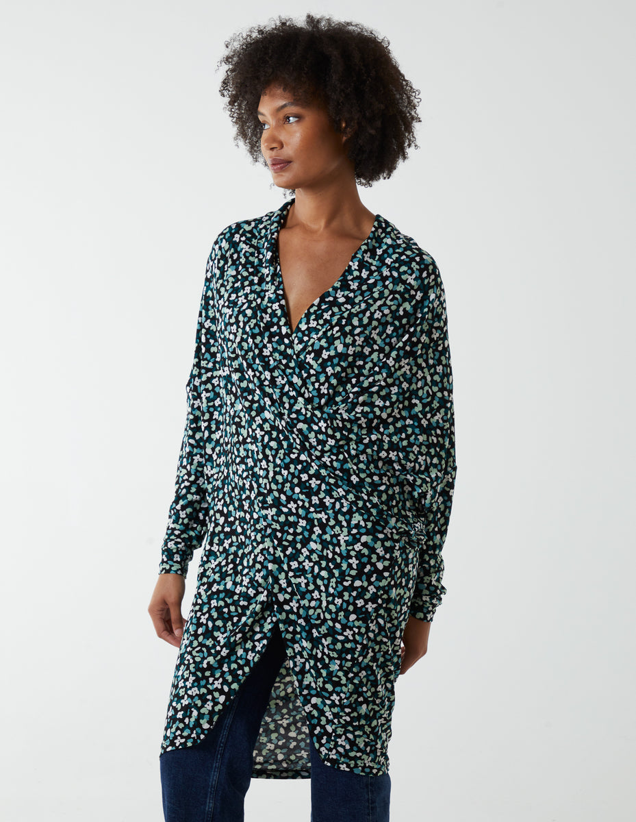 Green Pattern | Draped Dip Hem Top | Blue Vanilla