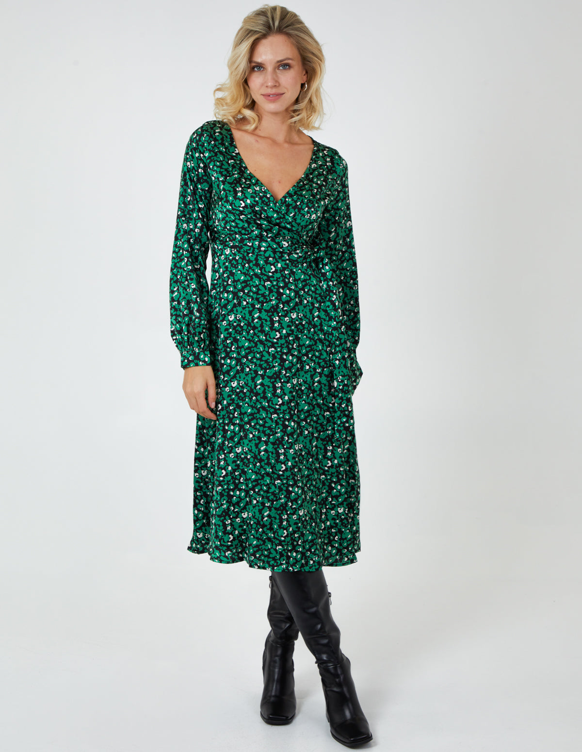 Green | Leopard Print Wrap Midi Dress | Blue Vanilla Green | Leopard Print Wrap Midi Dress | Blue Vanilla