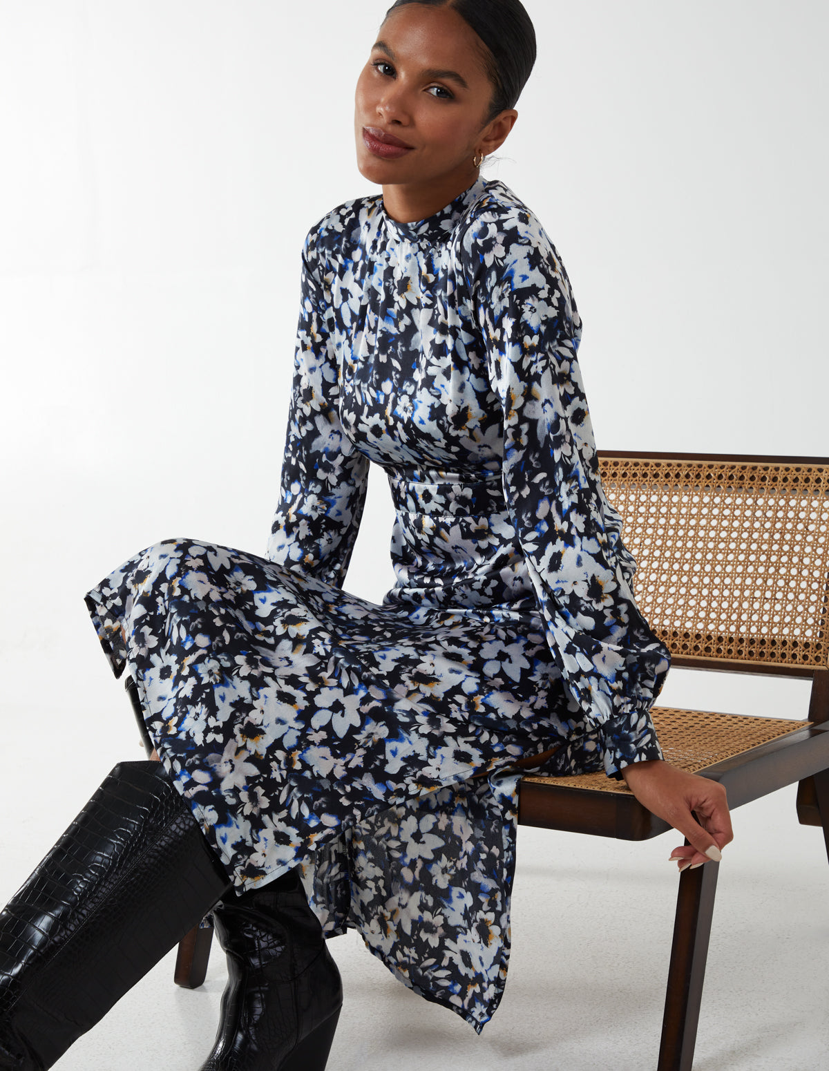 Black | Floral Print High Neck 7/8th Length Dress | Blue Vanilla