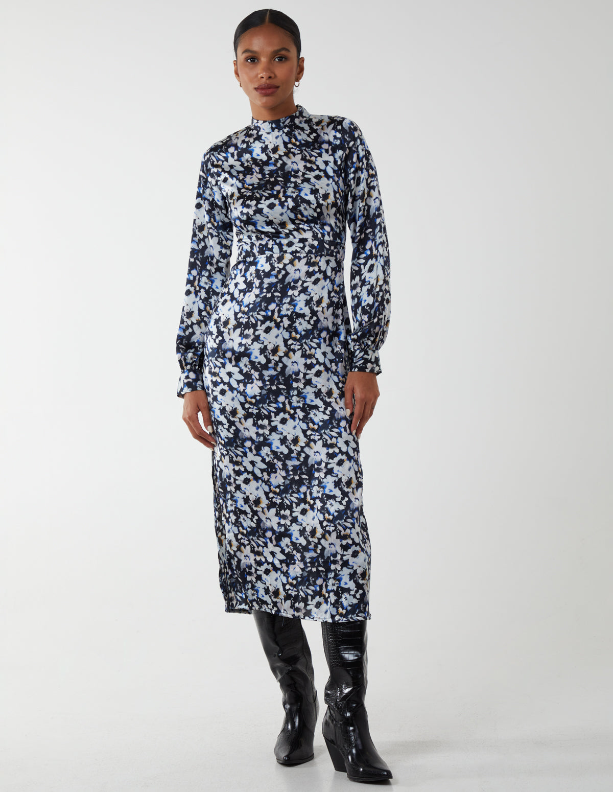 Black | Floral Print High Neck 7/8th Length Dress | Blue Vanilla Black | Floral Print High Neck 7/8th Length Dress | Blue Vanilla