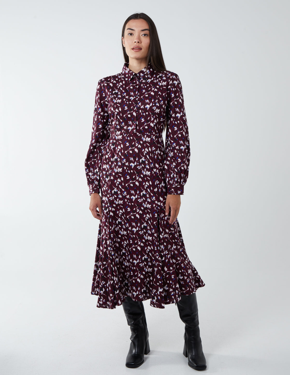Burgundy | Shirt Midi Dress With Godet Hem