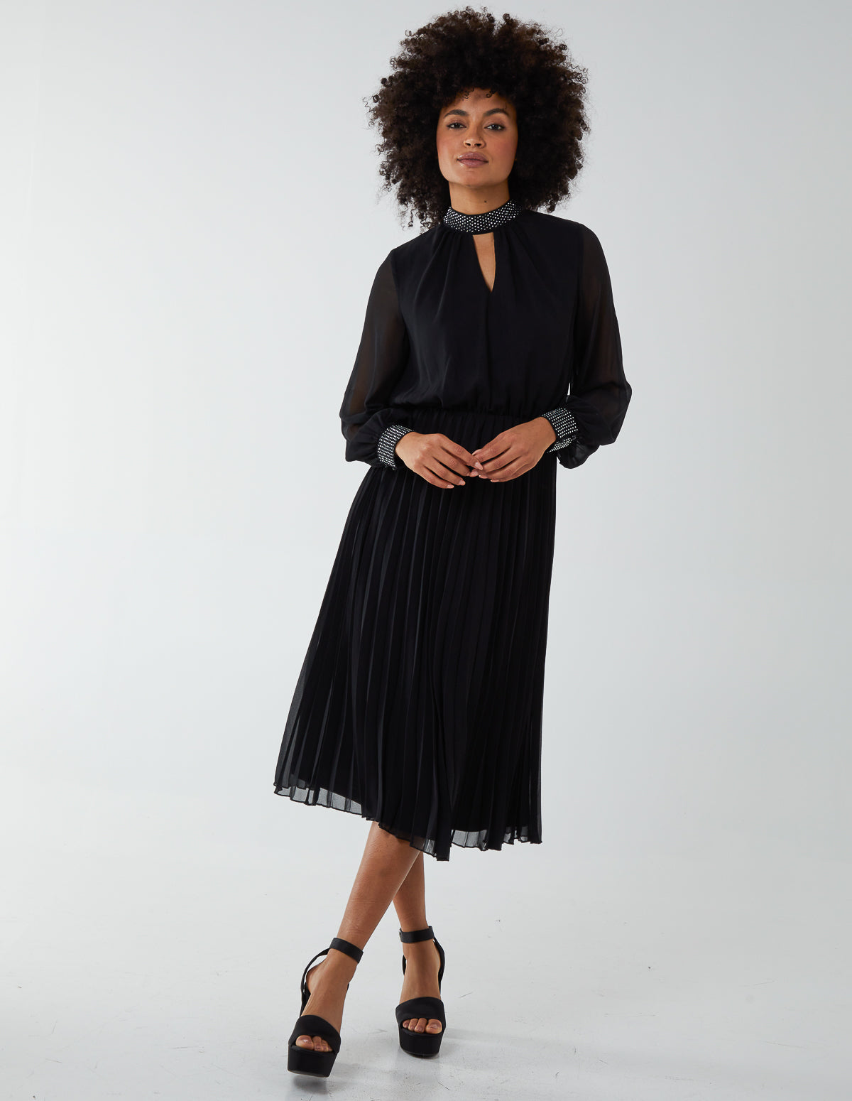 Diamante Collar Pleated Skirt Midi Dress - Main Image