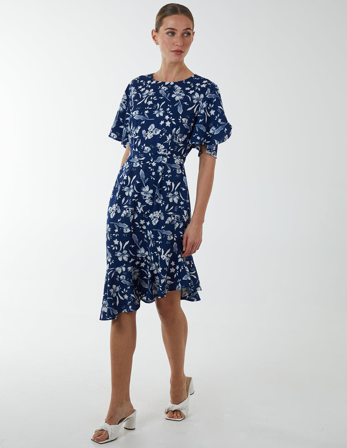 Navy | Angel Sleeve Asymmetric Tier Midi Dress | Blue Vanilla Navy | Angel Sleeve Asymmetric Tier Midi Dress | Blue Vanilla