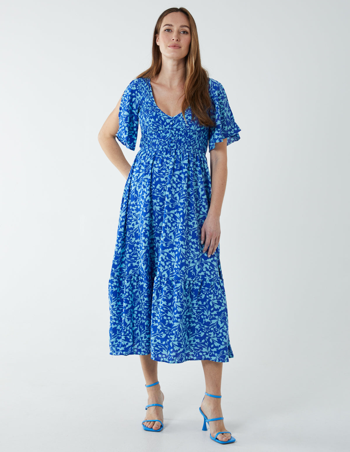 blue vanilla dress Floral Midi With Angel Sleeve Kathryn is the kind Plus Size - Nightfall Colors:Taupe MU - USMC