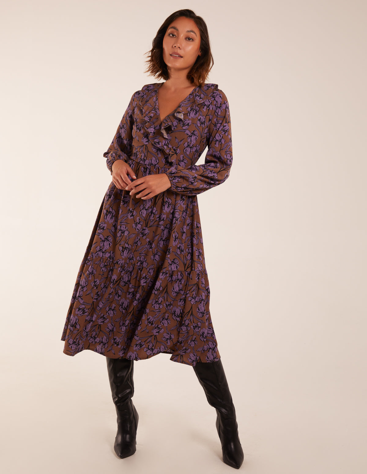 Brown | Ruffle Wrap Midi Dress | Blue Vanilla Brown | Ruffle Wrap Midi Dress | Blue Vanilla