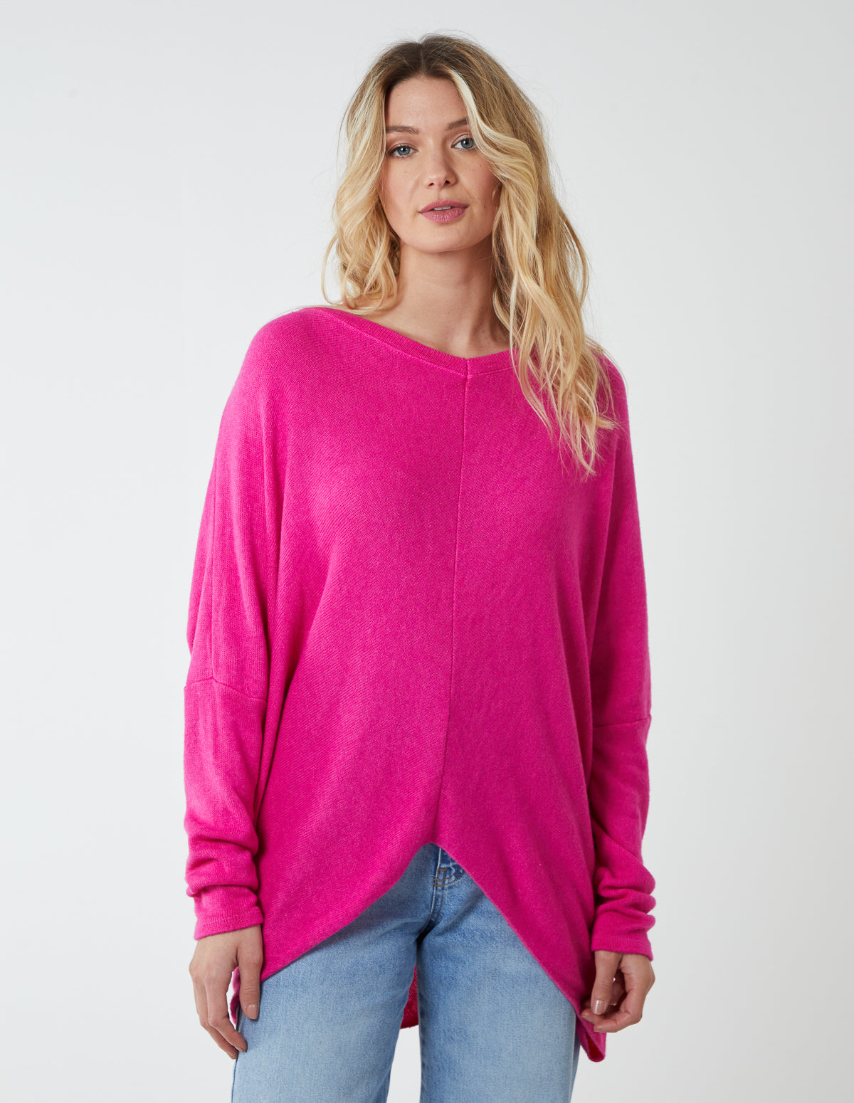 Hot Pink | V Neck Front Cut And Sew Soft Knit Jumper | Blue Vanilla