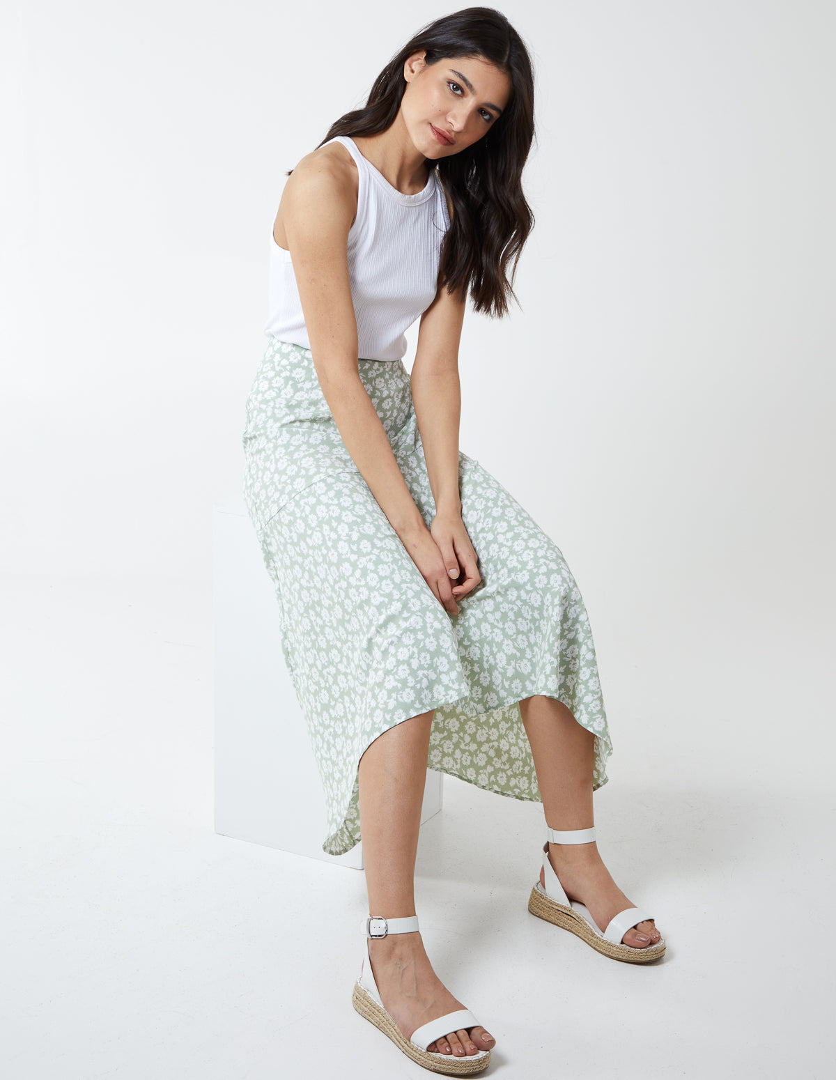 Floral Print Asymmetric Midi Skirt