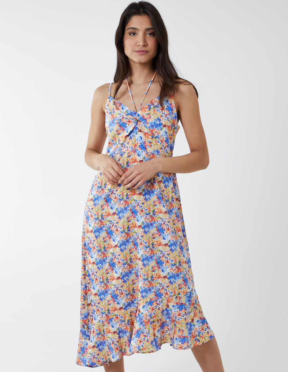 Blue | Twist Front Floral Print Midi Dress | Blue Vanilla