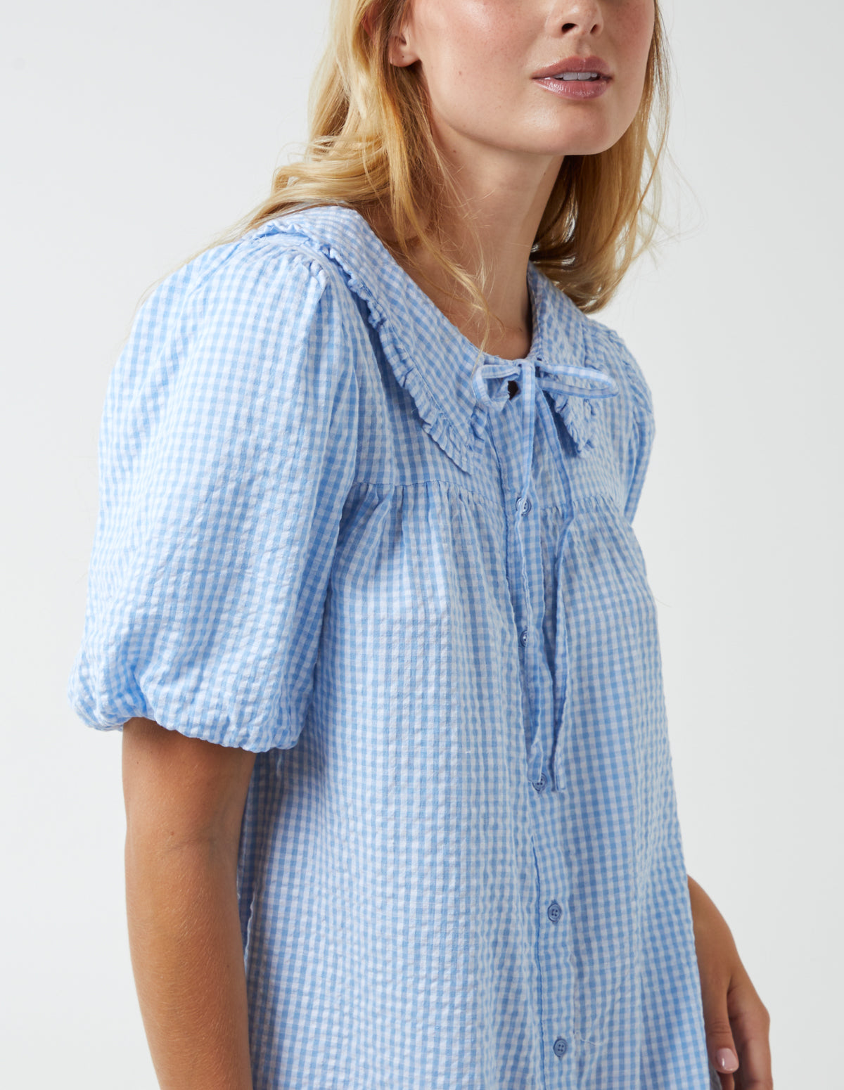 Light Blue | Gingham Shirt Dress With Plunge Ruffle | Blue Vanilla Light Blue | Gingham Shirt Dress With Plunge Ruffle | Blue Vanilla