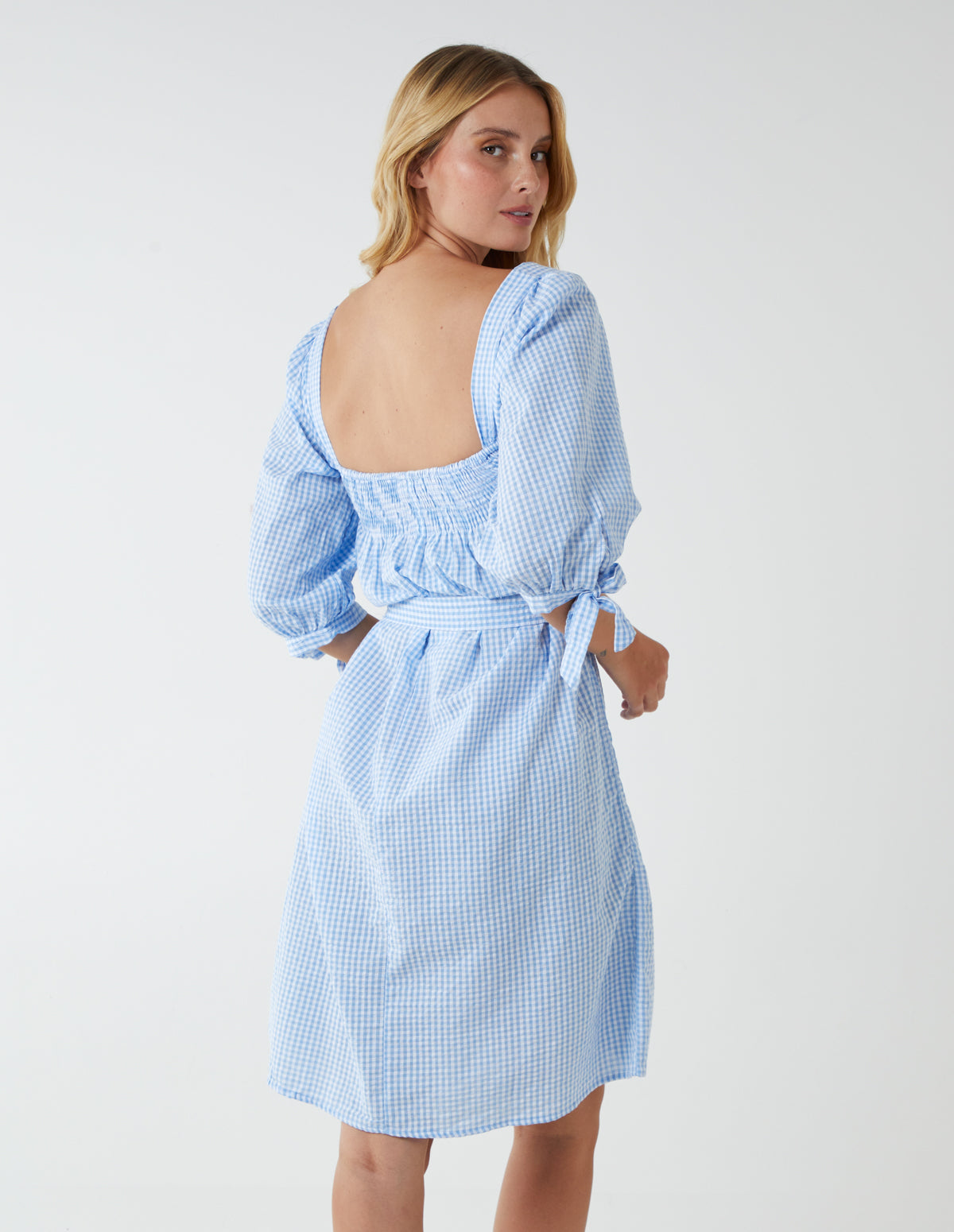 Gingham Milkmaid Square Neck Shirred Swing Dress