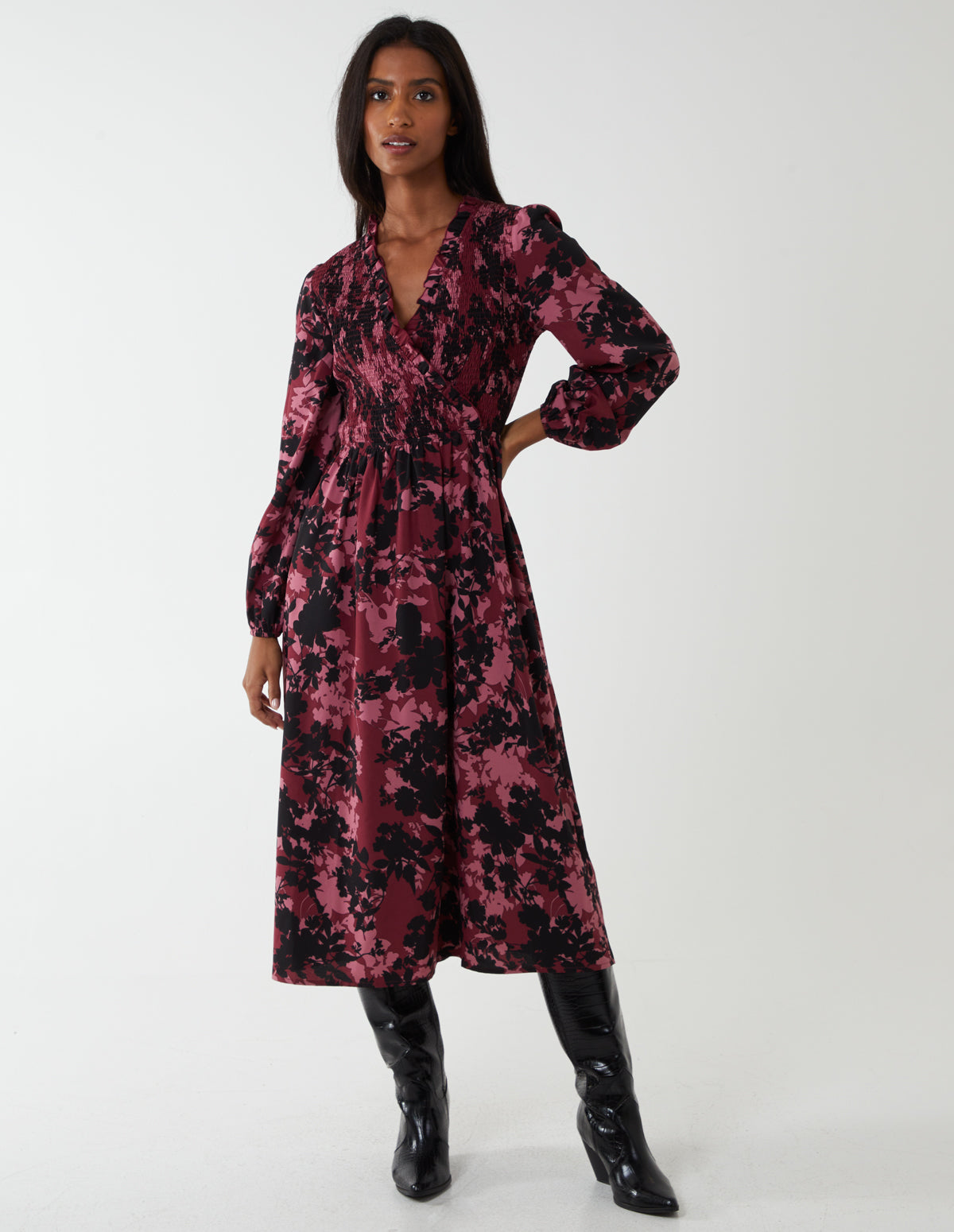 shirred bust midi dress Shirred Bust Wrap Midi Dress