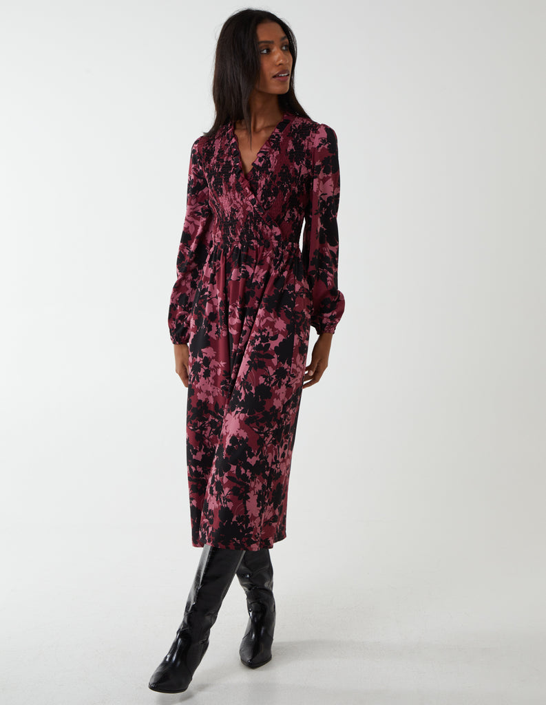 Burgundy | Shirred Bust Wrap Midi Dress | Blue Vanilla Burgundy | Shirred Bust Wrap Midi Dress | Blue Vanilla