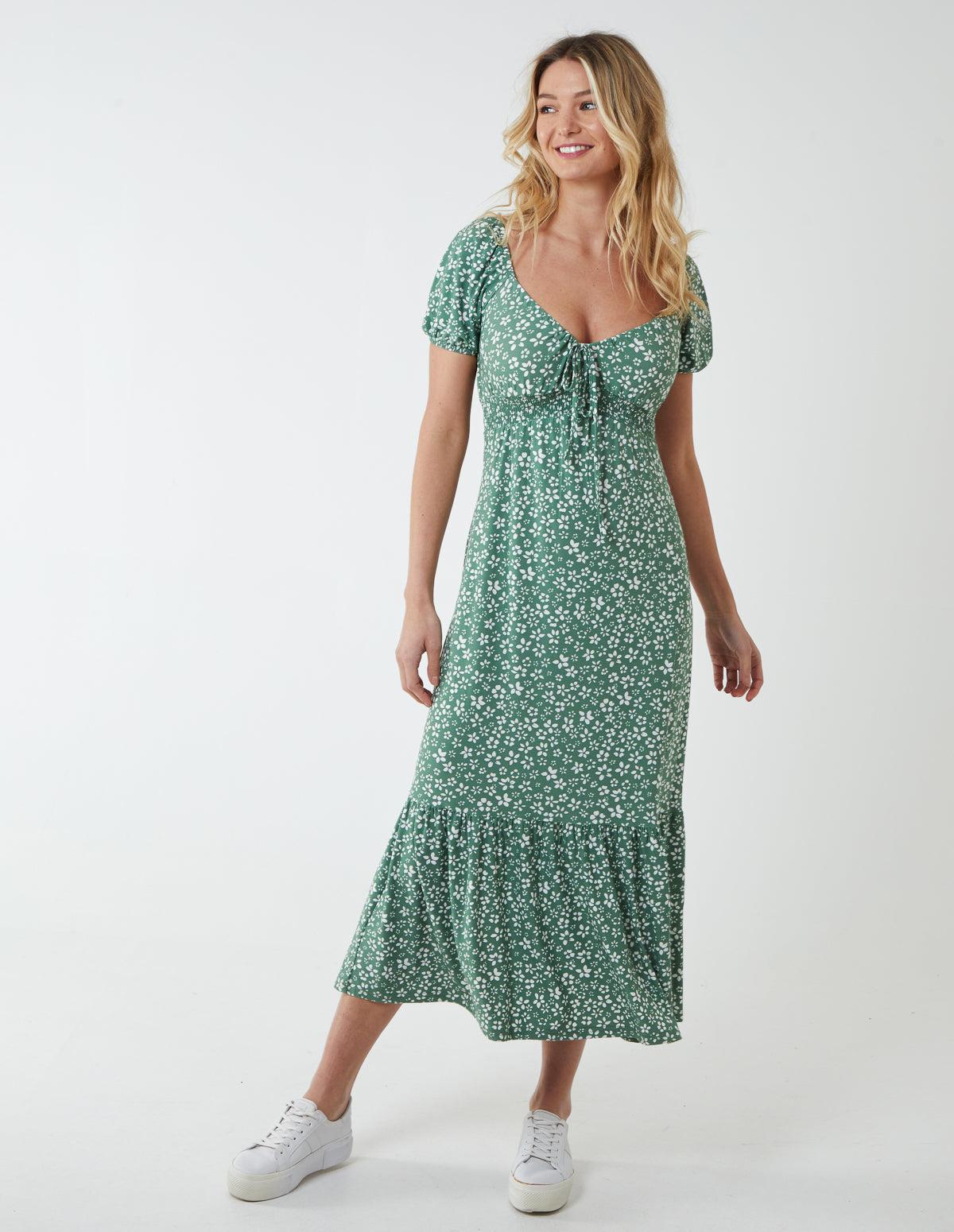 midi dress and trainers Green Pattern | Shirred Milkmaid Sweetheart Midi Dress