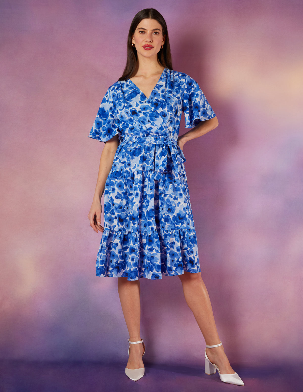Blue | Wrap Front Tier Hem Angel Sleeve Dress | Blue Vanilla Blue | Wrap Front Tier Hem Angel Sleeve Dress | Blue Vanilla